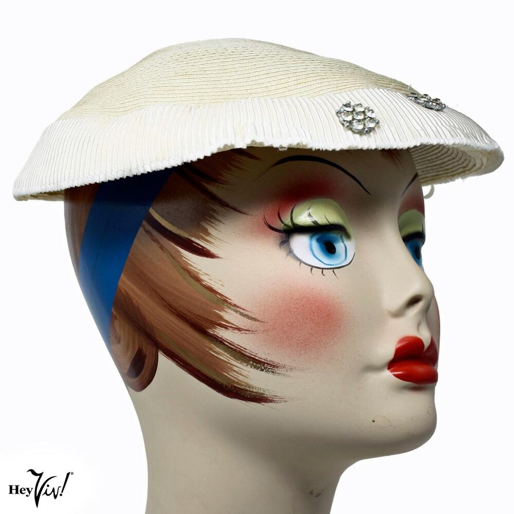 Vintage 50s Ivory Platter Hat w Rhinestone & Pleated Trim 11" Across - Hey Viv - Picture 3 of 9